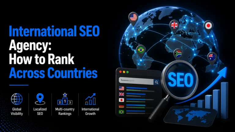 International SEO agency illustration showing global search optimization, multi-country rankings, localized SEO, and worldwide organic growth.