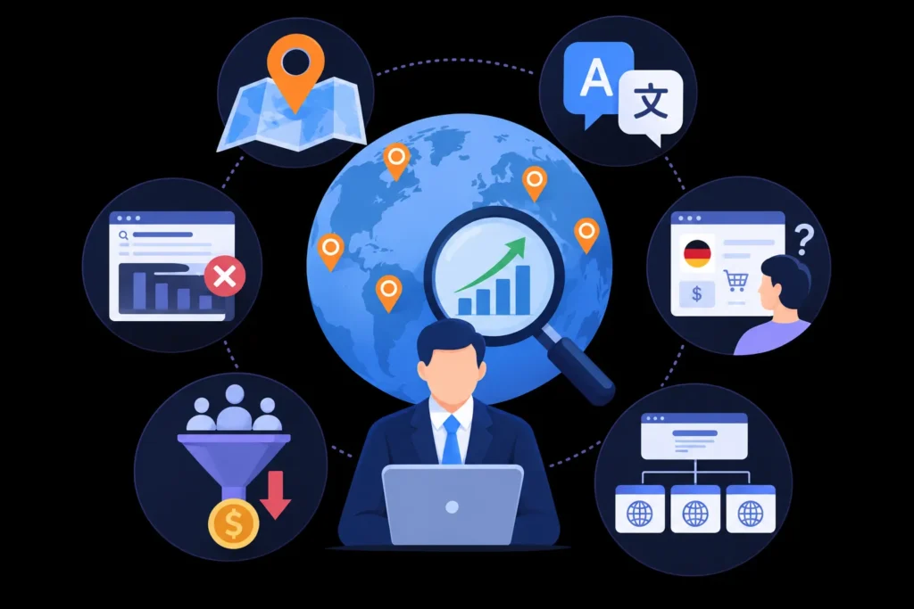 International SEO challenges involving country targeting, multilingual content, regional pages, conversions, and website structure