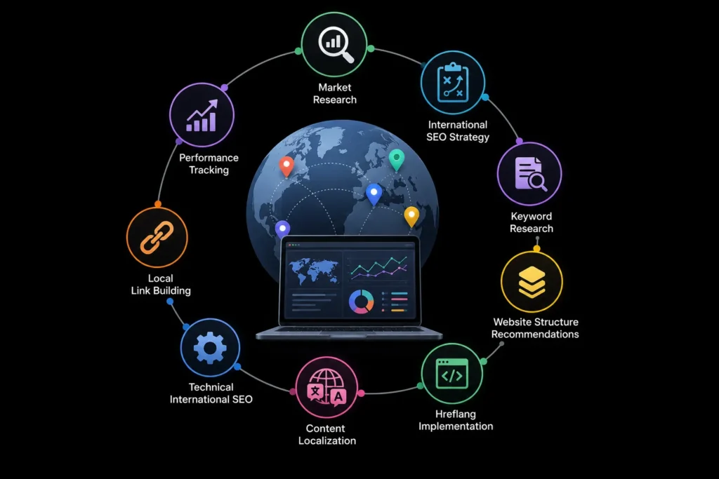 International SEO consultant services covering market research, multilingual keywords, hreflang, localization, technical SEO, link building, and performance tracking
