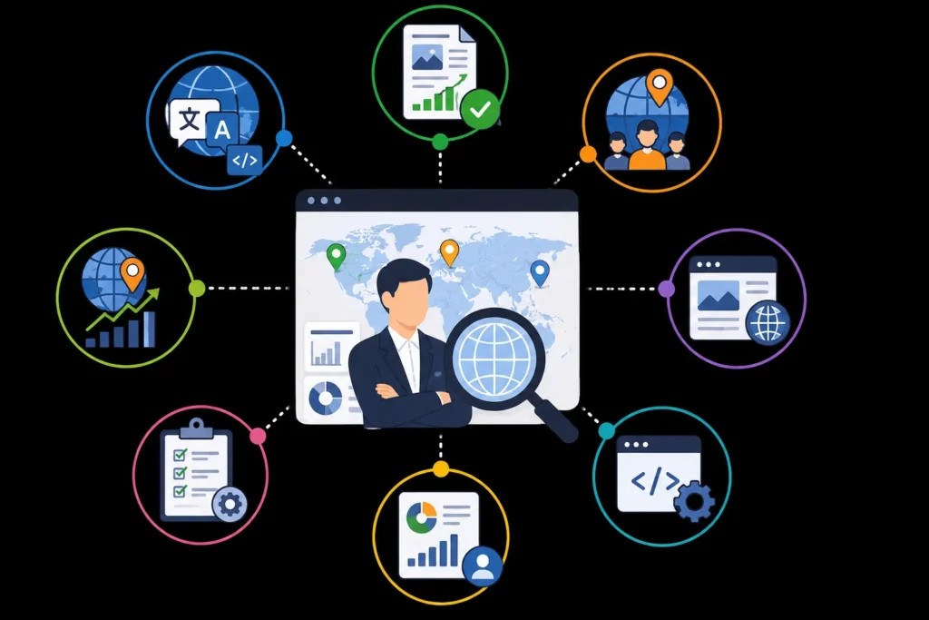 International SEO consultant strategy covering global research, localization, technical SEO, analytics, reporting, and regional targeting