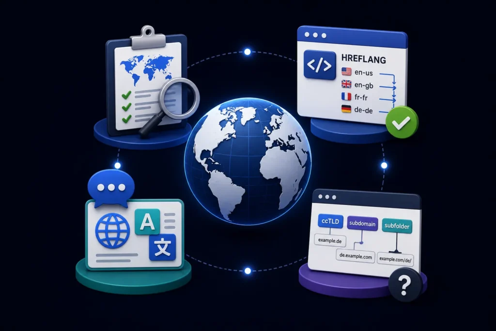 International SEO strategy showing hreflang implementation, multilingual content, global audits, and country-specific website structures