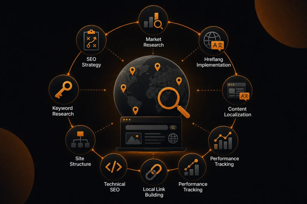 International SEO strategy covering keyword research, market analysis, hreflang implementation, content localization, technical SEO, link building, and performance tracking.