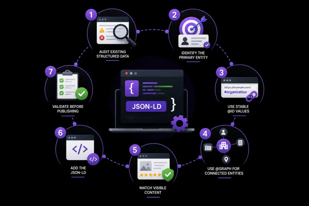Seven-step JSON-LD schema markup process covering structured data audits, primary entities, stable @id values, @graph, visible content, implementation, and validation