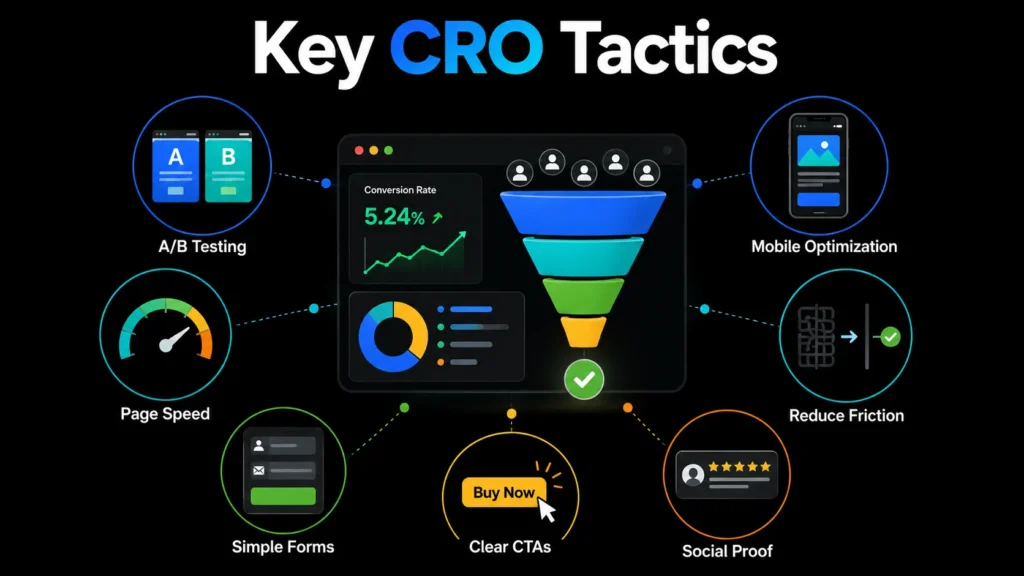 Key CRO tactics including A/B testing, page speed, simple forms, clear CTAs, social proof, reduced friction, and mobile optimization