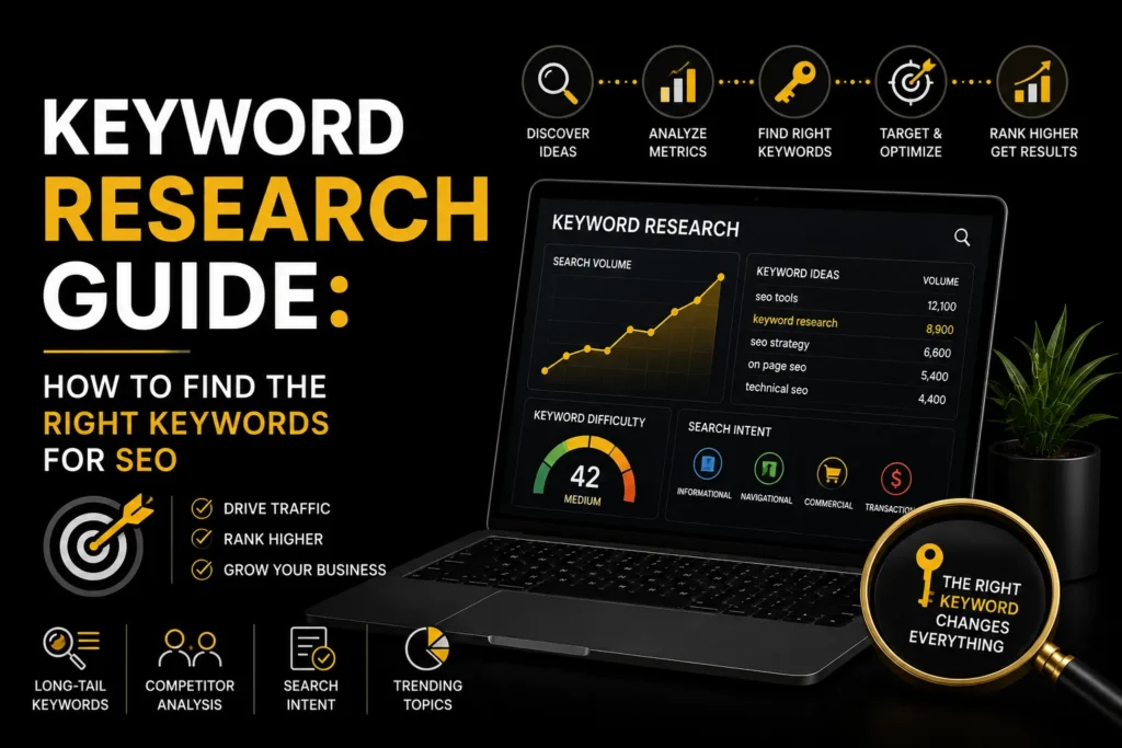 Keyword research guide showing how to find the right keywords using search volume, difficulty, intent, competitor analysis, and trending topics