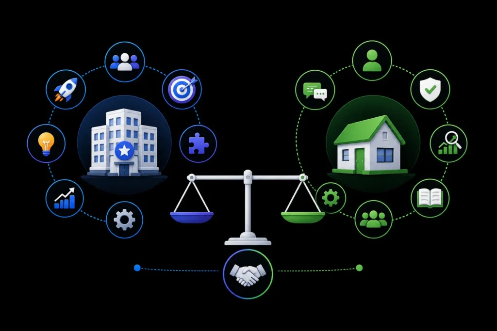 Comparison between a large digital marketing agency and a boutique agency based on resources, expertise, communication, trust and personalized support.