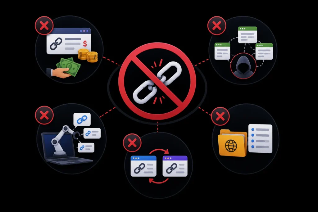 Harmful link-building strategies to avoid, including paid links, link schemes, automation, exchanges, and low-quality directories