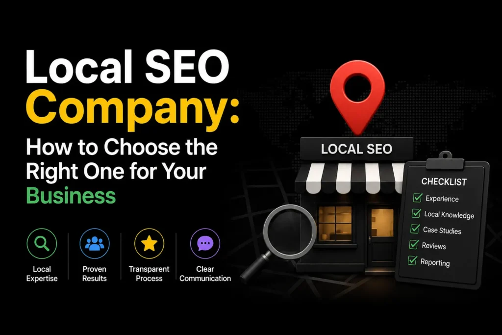 Local SEO company selection guide showing local expertise, proven results, transparent processes, communication, reviews, case studies, and reporting