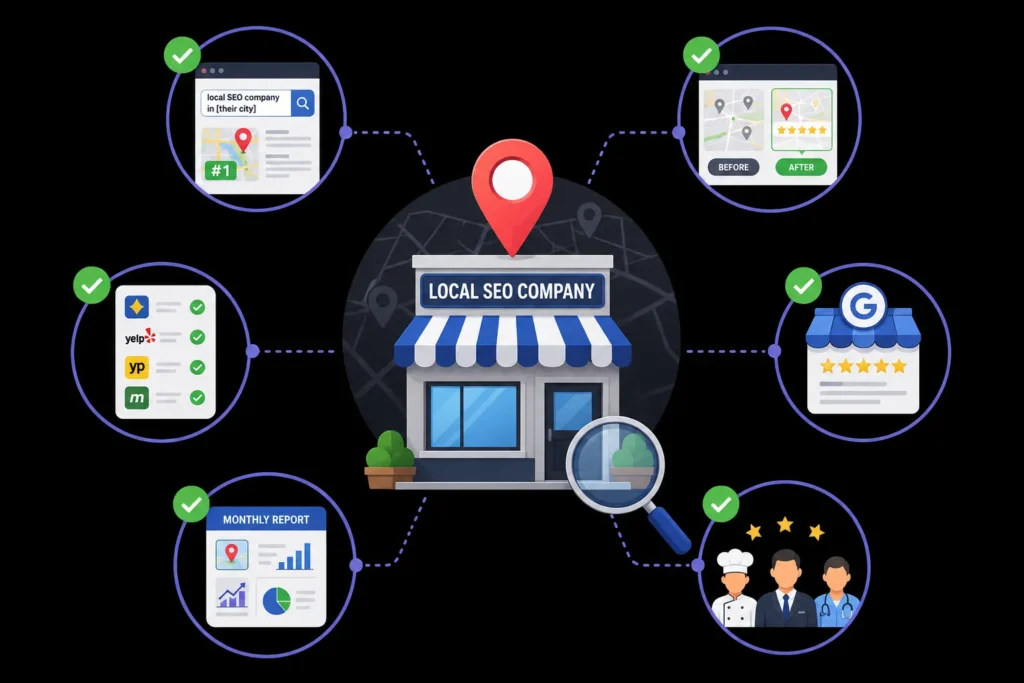 Local SEO company evaluation showing local rankings, business listings, Google Business Profile reviews, monthly reporting, case studies, and industry experience