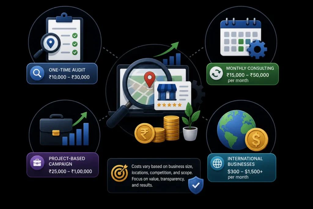 Local SEO consulting costs for one-time audits, monthly services, project-based campaigns, and international businesses