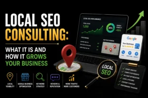 Local SEO consulting guide showing Google Business Profile optimization, keyword strategy, reviews, local rankings, and business growth