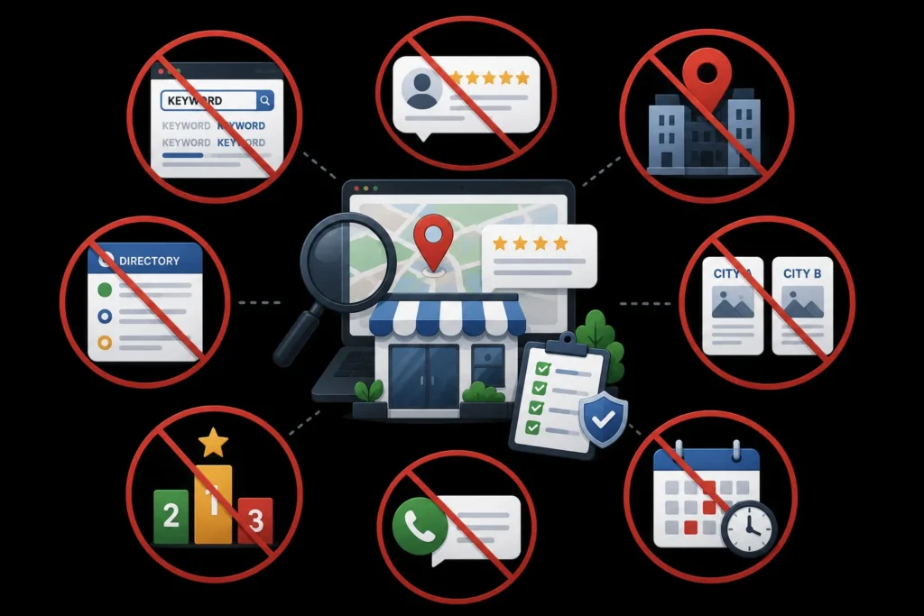 Local SEO consulting mistakes to avoid, including keyword stuffing, fake reviews, duplicate city pages, and inconsistent business details