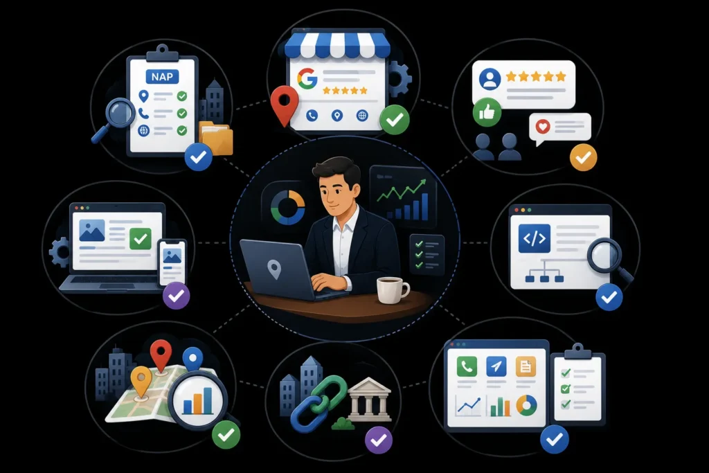 Local SEO consultant managing Google Business Profile, citations, reviews, technical SEO, local content, and performance reporting