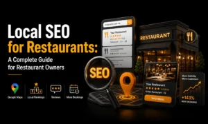 Local SEO for restaurants illustration showing Google Maps rankings, restaurant search results, customer reviews, local visibility, and increased bookings.