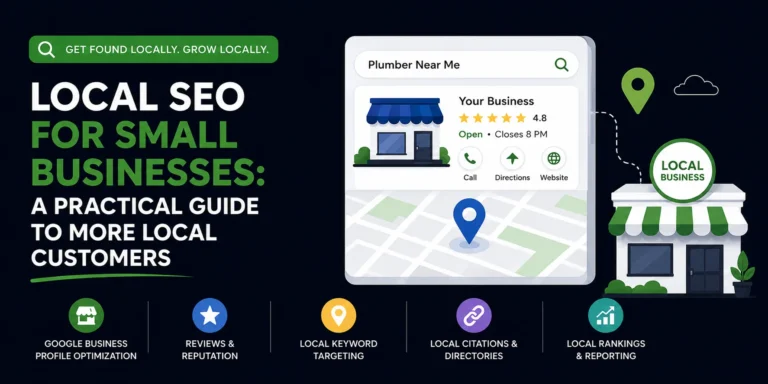 Local SEO for small businesses guide covering Google Business Profile optimization, customer reviews, local keywords, citations and ranking reports.