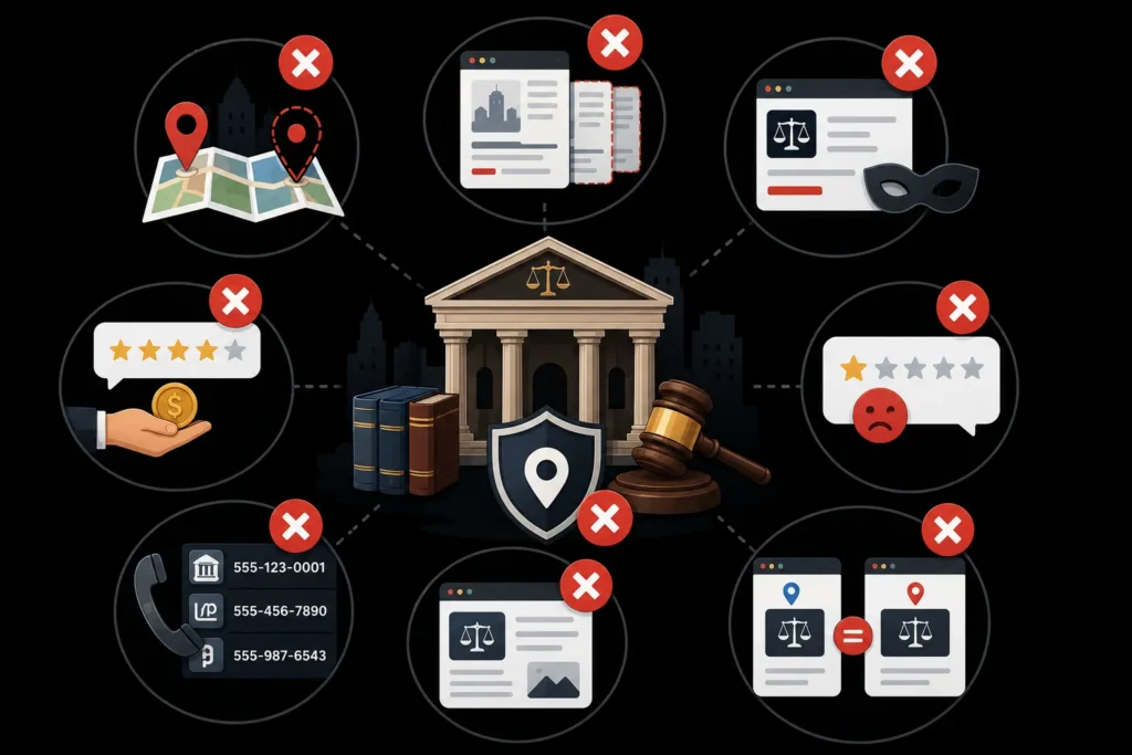 Common Local SEO mistakes law firms should avoid, including fake locations, duplicate pages, inconsistent contact details, and poor reviews