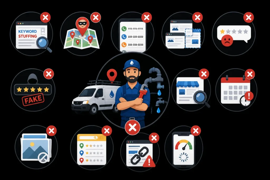 Common Local SEO mistakes plumbers should avoid, including keyword stuffing, fake reviews, inconsistent contact details, and broken links