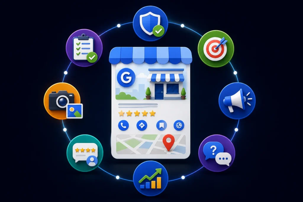 Local SEO package covering Google Business Profile management, reviews, photos, analytics, targeting, and customer engagement