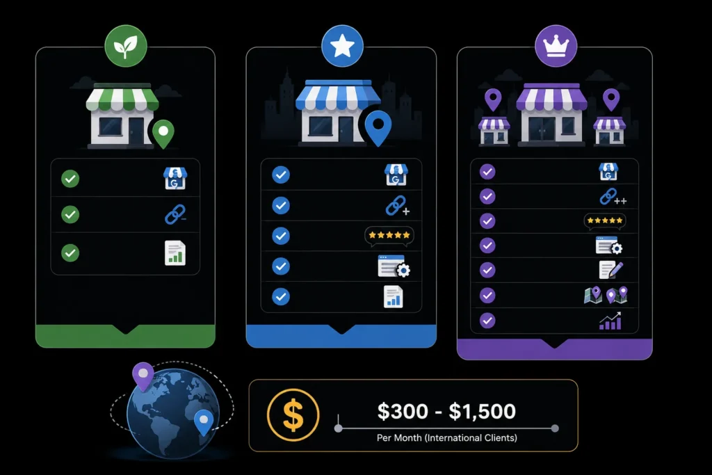 Local SEO package pricing plans for basic, standard, and premium services with international monthly costs