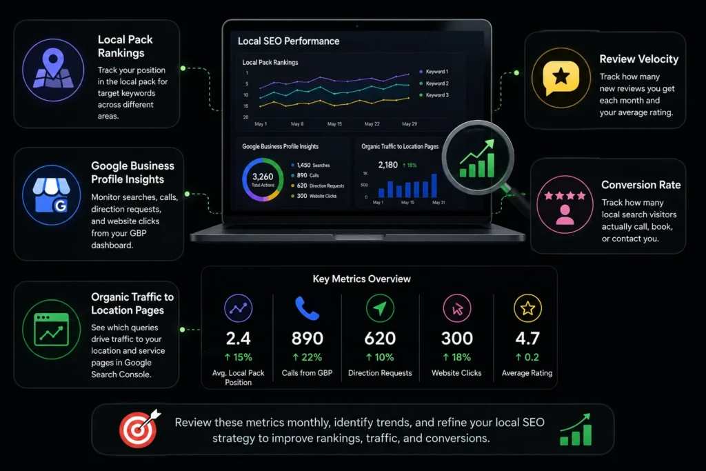Local SEO performance dashboard showing local pack rankings, Google Business Profile insights, organic traffic, review velocity, conversion rate, calls, direction requests, website clicks, and ratings.