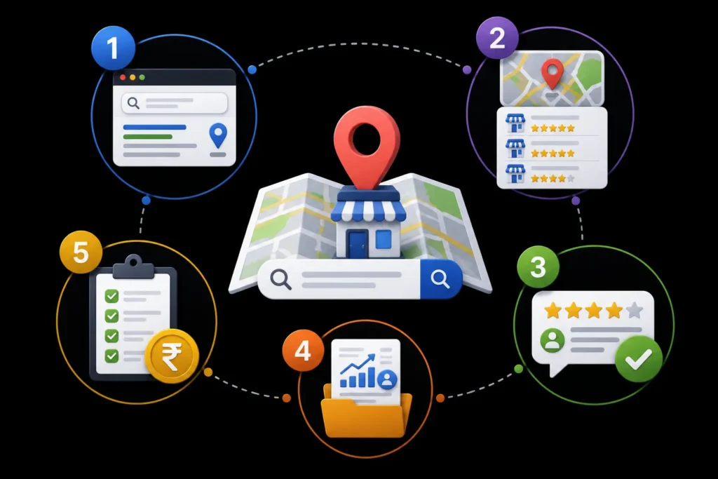 Five-step Local SEO process covering local search visibility, Google Maps listings, customer reviews, performance tracking, and budget planning