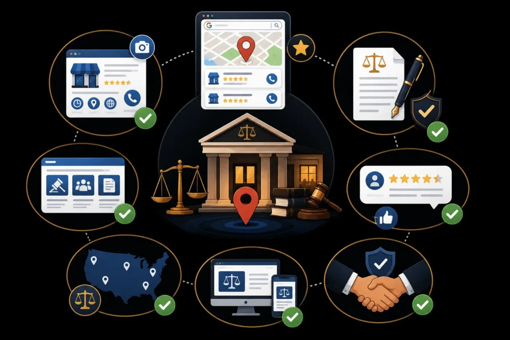 Local SEO strategy for law firms using Google Business Profile, legal directories, client reviews, local pages, and map visibility