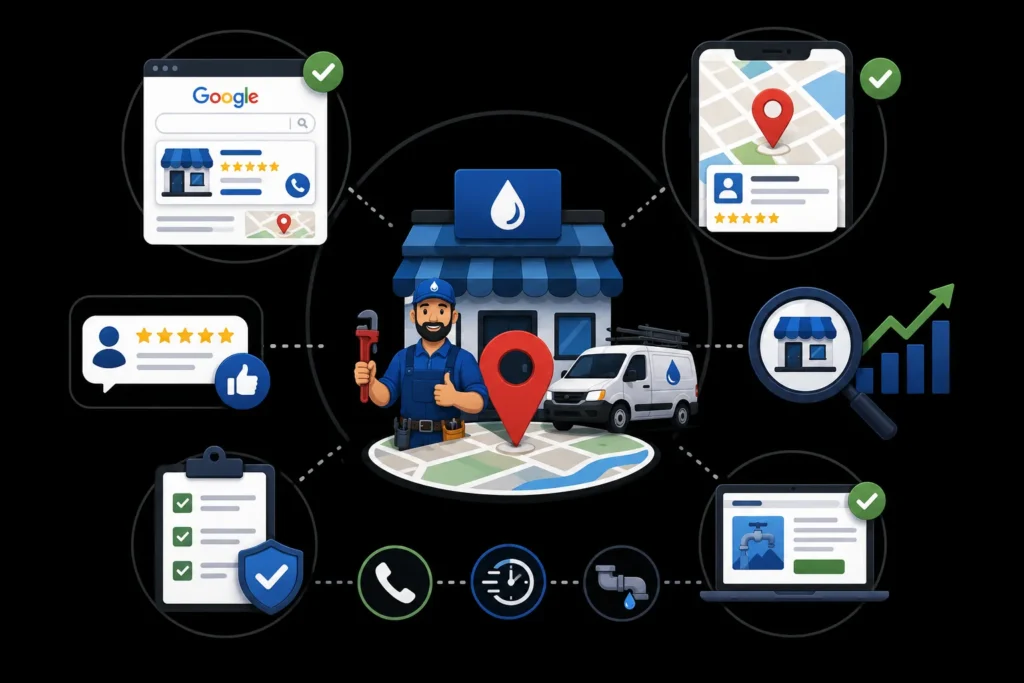 Local SEO strategy for plumbers using Google Business Profile, reviews, maps, website optimization, and service calls