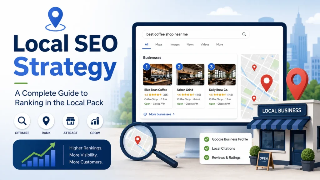 Local SEO strategy infographic showing local search results, map listings, Google Business Profile, local citations, reviews, ratings, and ranking growth for businesses.