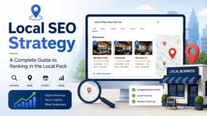 Local SEO strategy infographic showing local search results, map listings, Google Business Profile, local citations, reviews, ratings, and ranking growth for businesses.