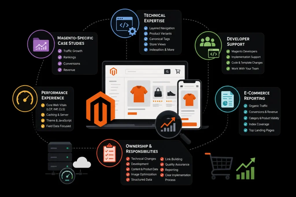 Magento SEO agency selection factors including case studies, technical expertise, developer support, performance, reporting, and responsibilities