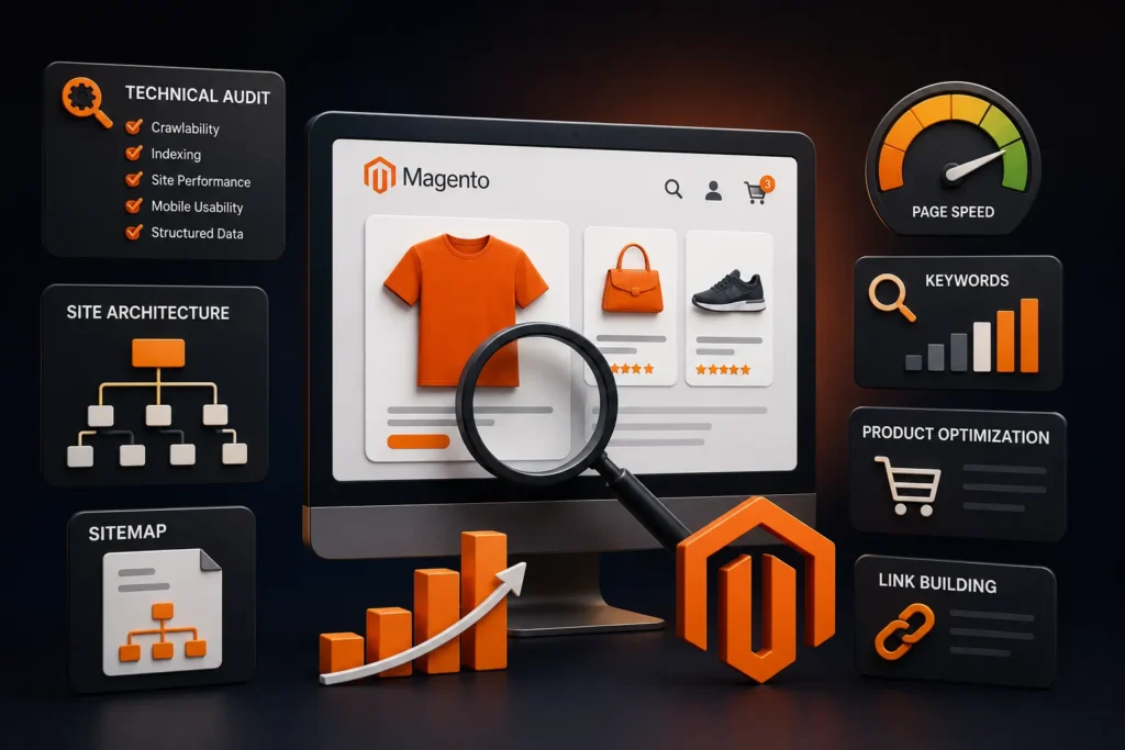 Magento SEO audit and ecommerce store optimization covering technical SEO, site architecture, page speed, keywords, products, sitemaps, and link building