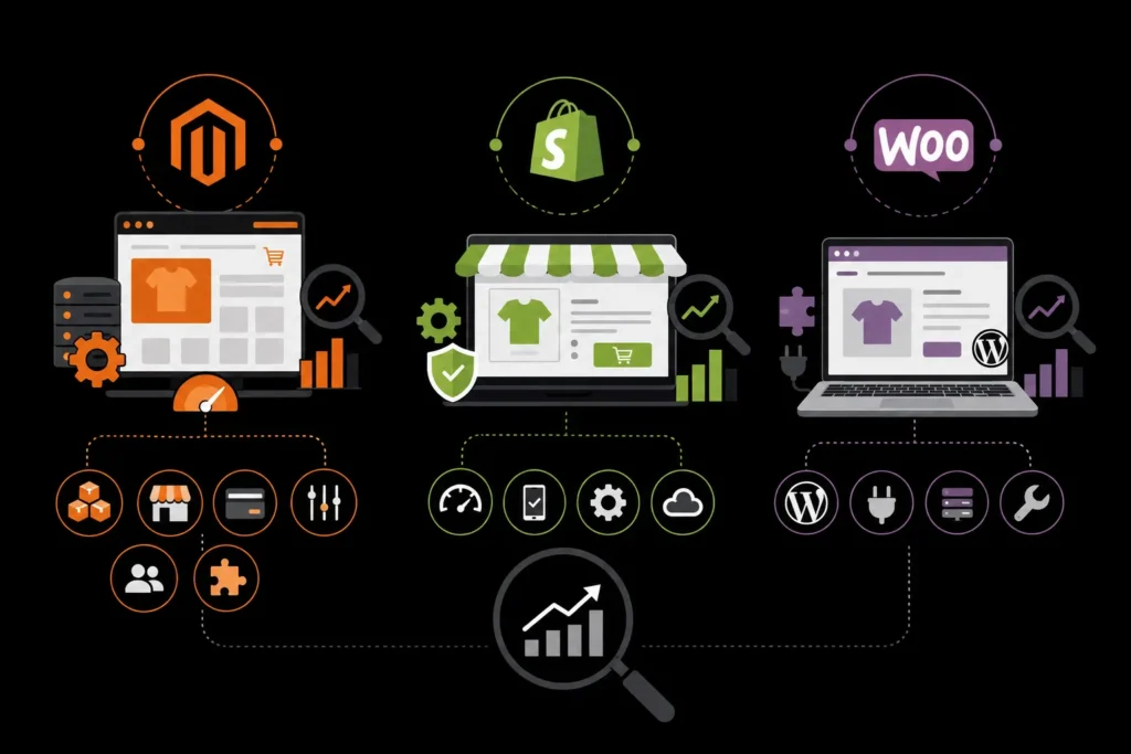Magento, Shopify, and WooCommerce ecommerce platform comparison with store management, customization, performance, and growth features