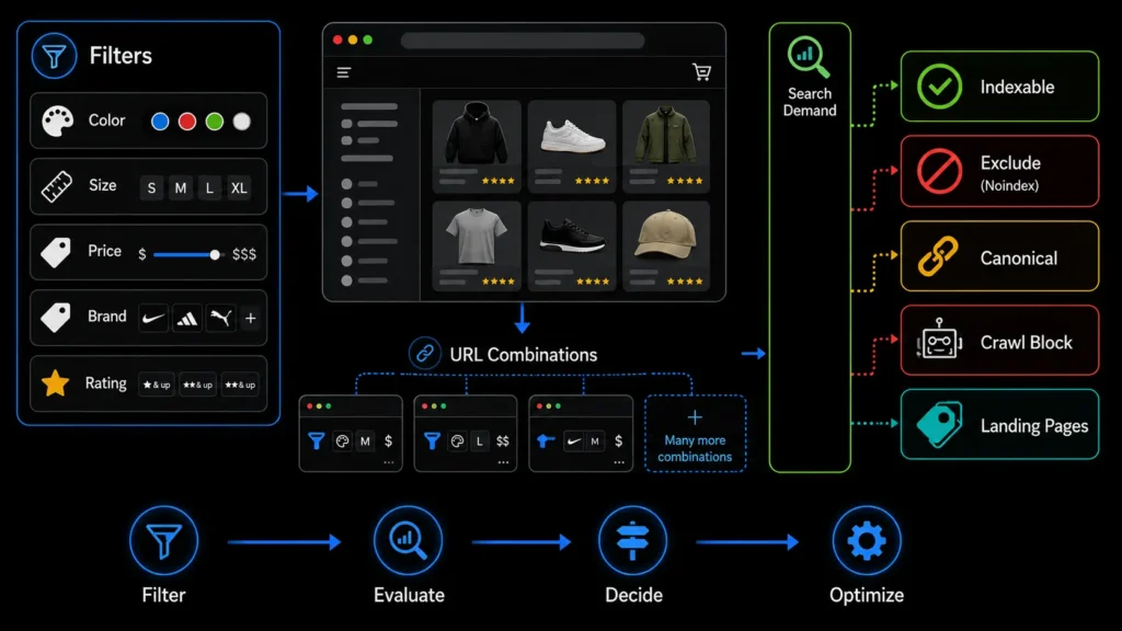 Ecommerce faceted navigation showing how filter URL combinations are evaluated for indexing, canonical tags, crawl blocking and dedicated landing pages.