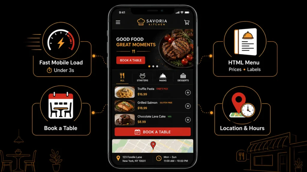 Mobile-first restaurant website showing fast loading, HTML menu, table booking, location and opening hours