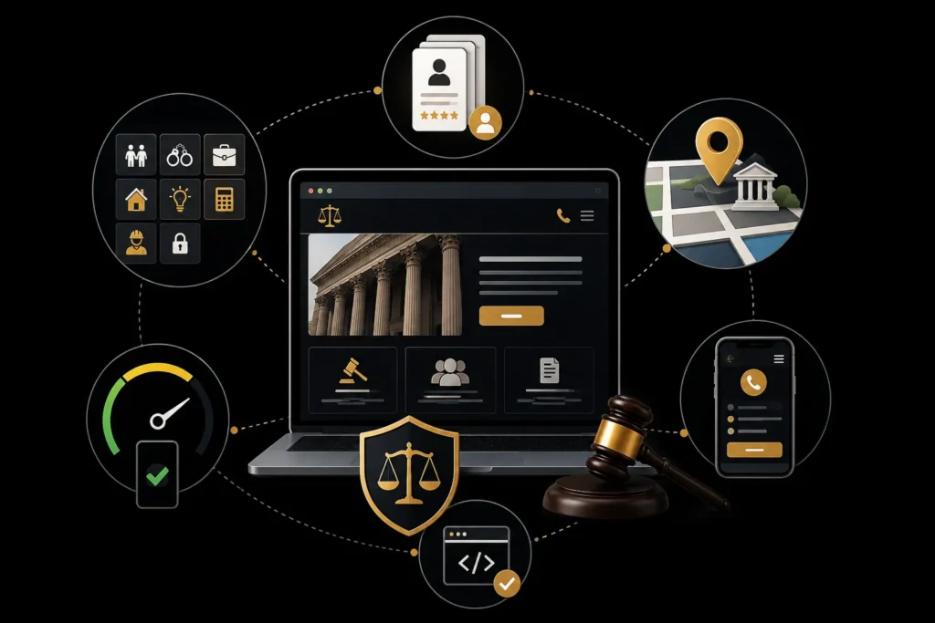 SEO for lawyers guide featuring law firm website optimization, keyword research, local SEO, on-page SEO, and link building