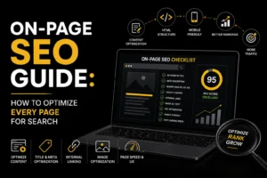 On-page SEO guide showing how to optimize every page with content, meta tags, internal links, images, mobile usability, and page speed