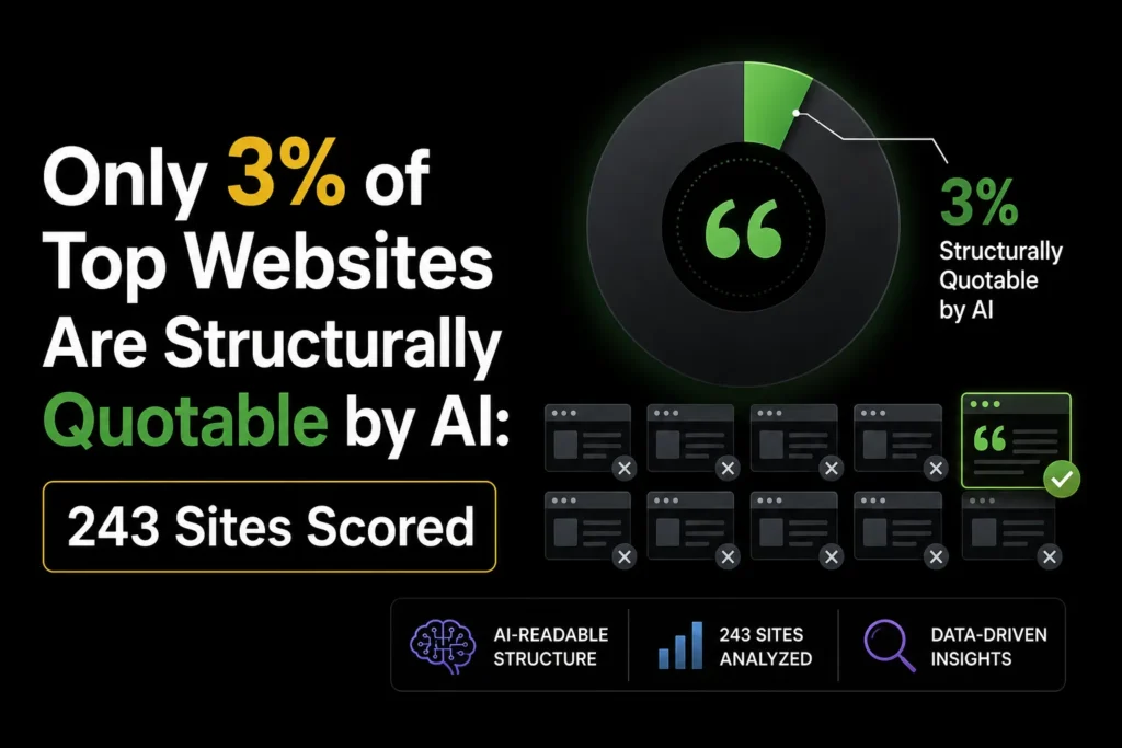 Infographic showing that only 3% of 243 analyzed top websites are structurally quotable by AI.