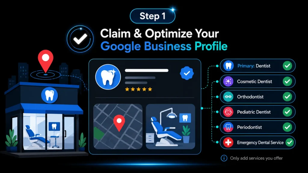 Illustration showing how a dental practice can claim and optimize its Google Business Profile using accurate dentist categories and local business details.
