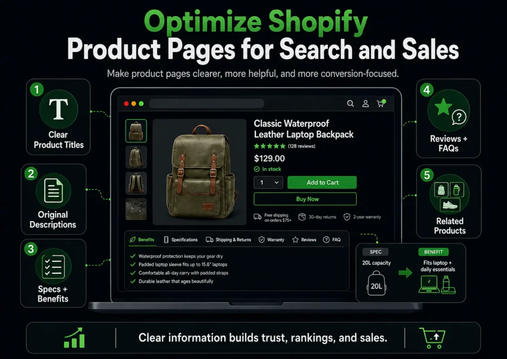 Shopify product page optimization infographic showing clear titles, original descriptions, specifications, benefits, reviews, FAQs, and related products for better rankings and sales.