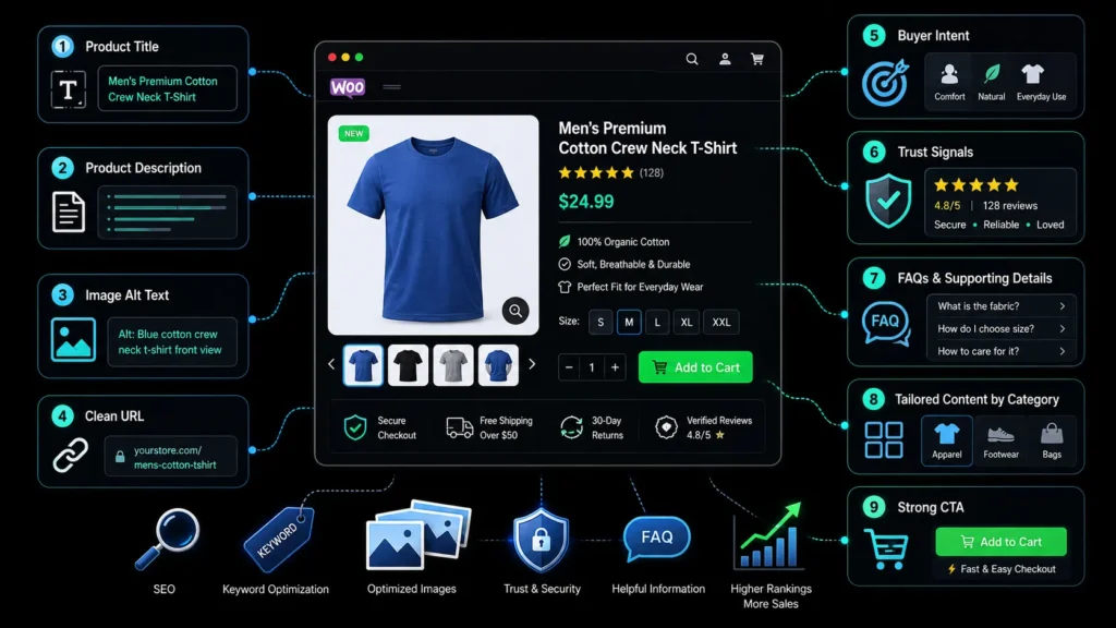 WooCommerce product page SEO optimization covering product titles, descriptions, image alt text, clean URLs, buyer intent, trust signals, FAQs and strong CTAs.
