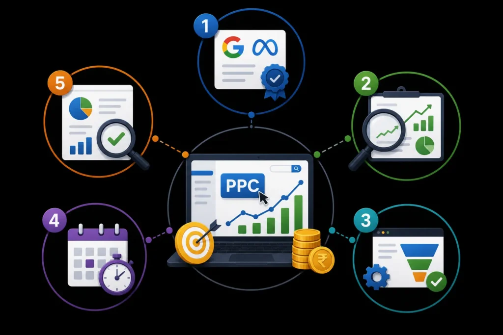 PPC campaign management process covering Google and Meta Ads, performance analysis, conversion funnels, scheduling, and reporting