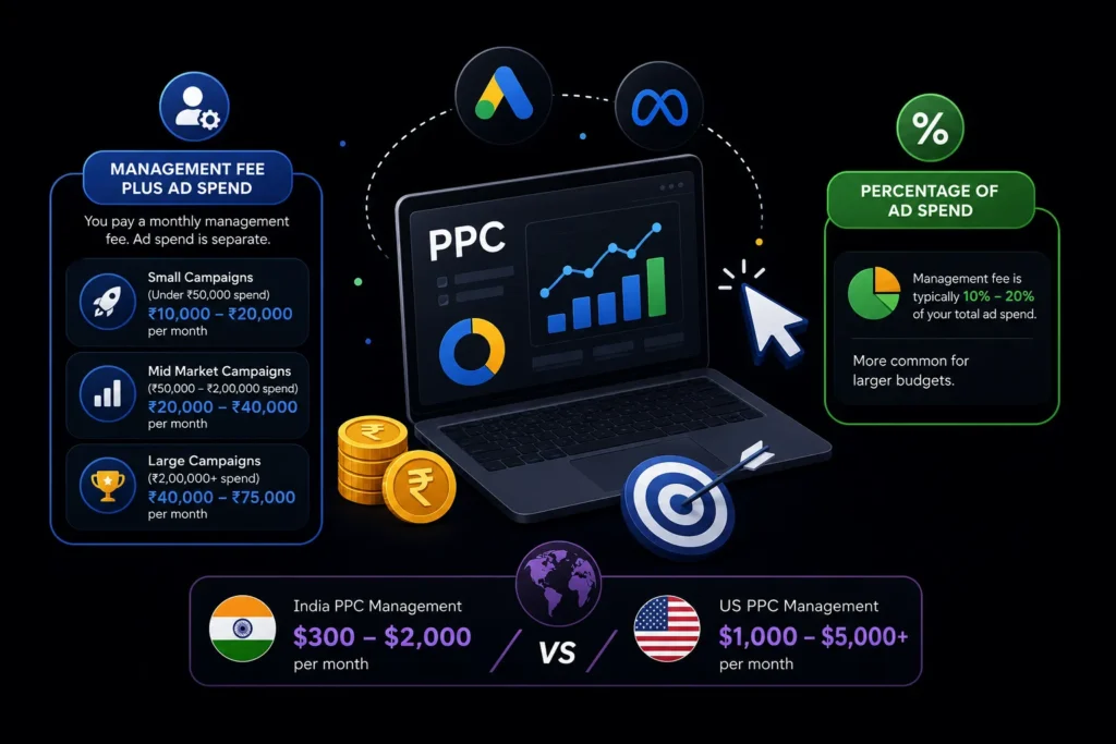 PPC management cost in India compared with US pricing and common agency fee models