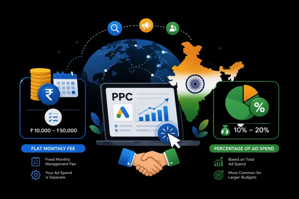 PPC management pricing models in India comparing flat monthly fees and percentage of ad spend