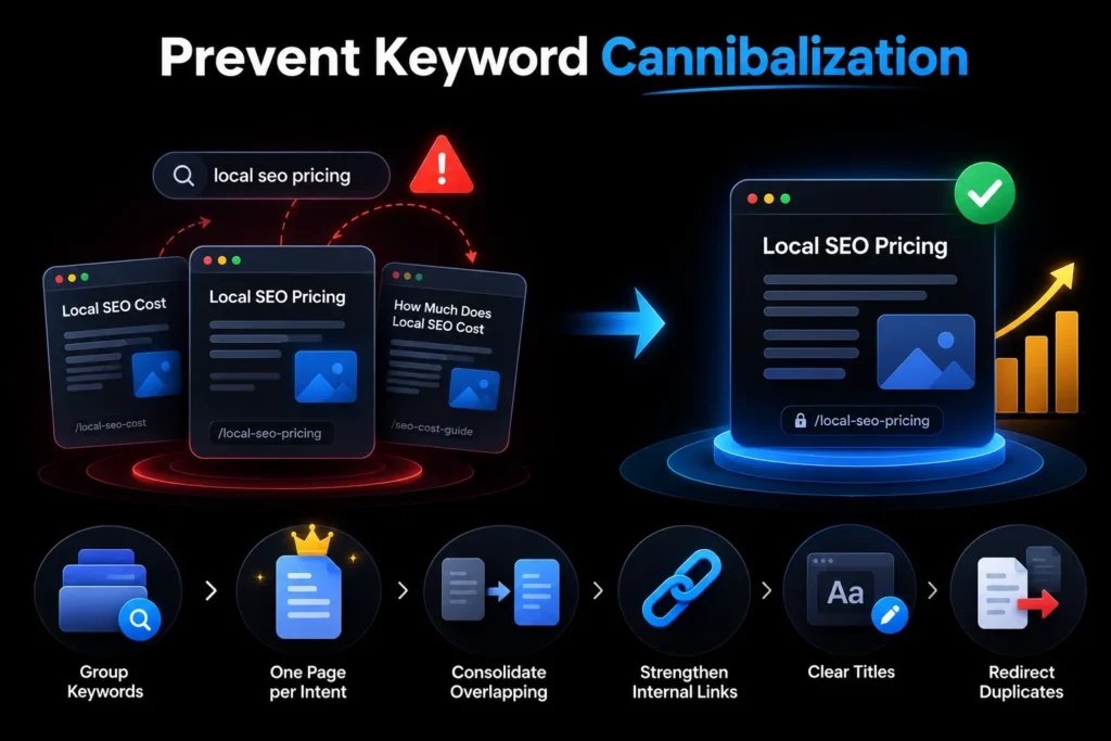 Keyword cannibalization prevention showing overlapping local SEO pages consolidated into one authoritative page with stronger internal links and redirects