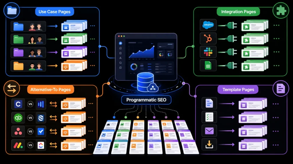 Programmatic SEO for SaaS showing automated use case, integration, alternative, and template landing pages
