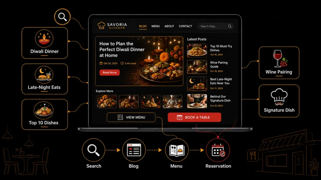 Restaurant content marketing strategy connecting food blog topics, online menus, and table reservations