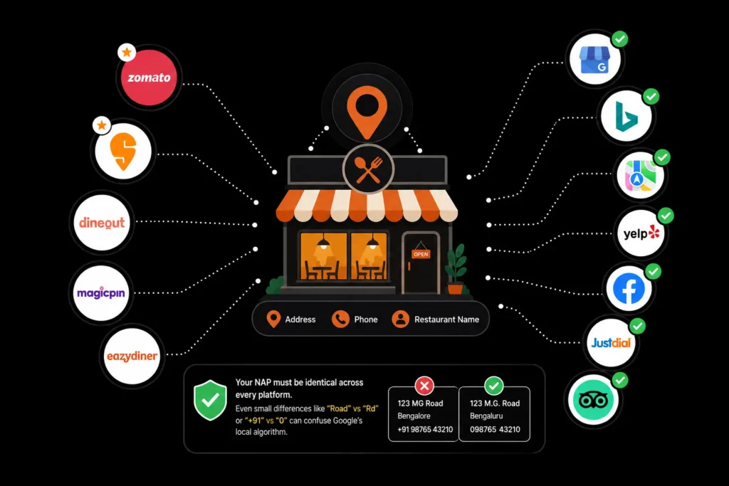 Restaurant local SEO citation management across Google, Zomato, Swiggy, Yelp, Facebook, Justdial, and other platforms.