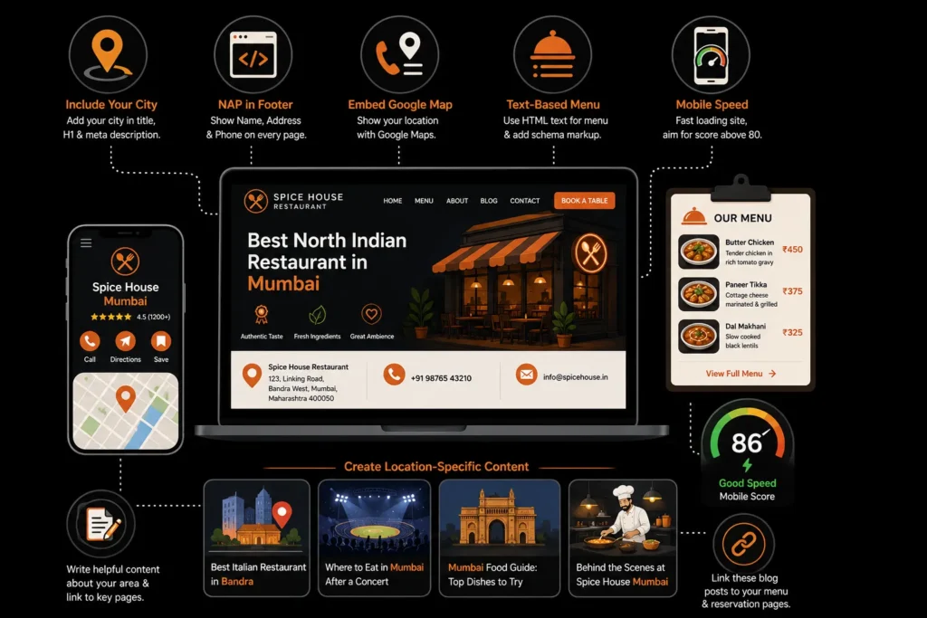 Restaurant website optimized for local SEO with NAP details, embedded map, mobile speed, menu, and location-specific content.