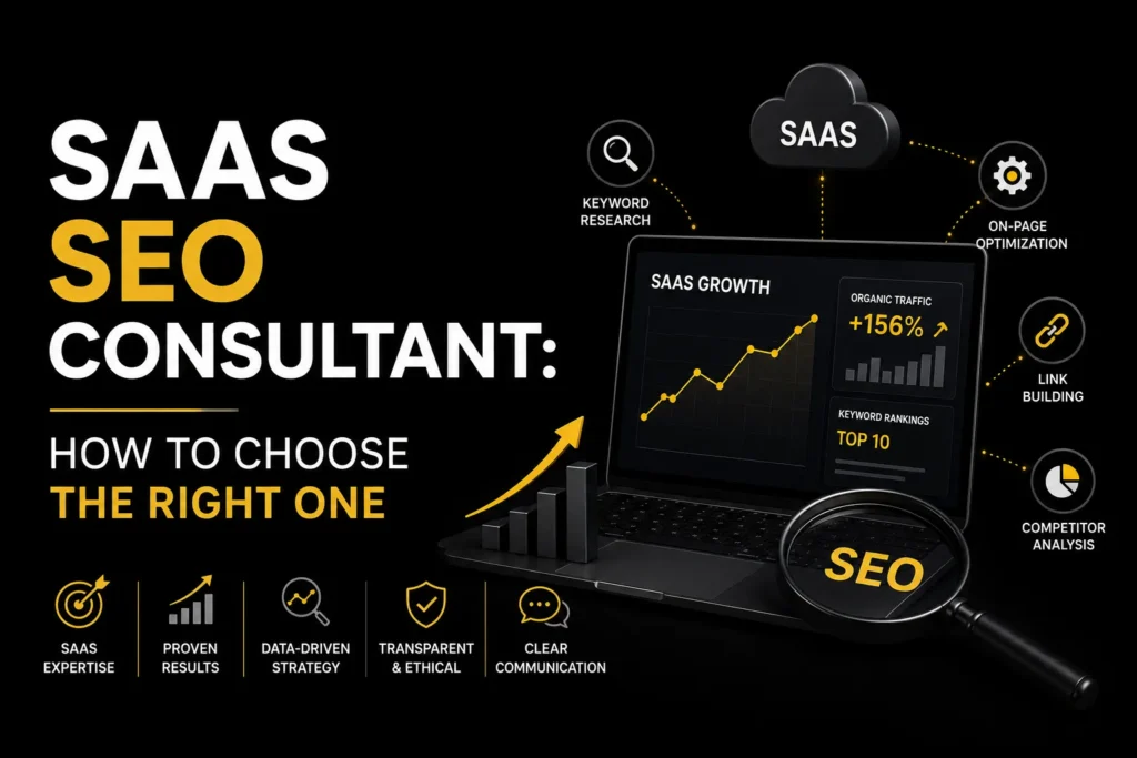 SaaS SEO consultant selection guide featuring keyword research, on-page optimization, link building, competitor analysis, and organic growth