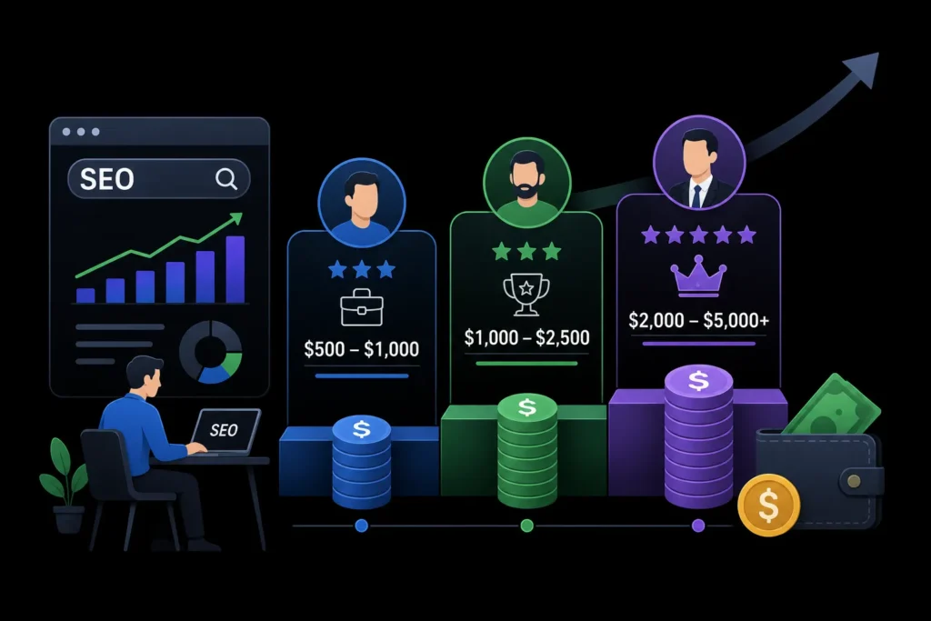 SEO consultant pricing comparison showing service packages from $500 to over $5,000 based on expertise and service quality.